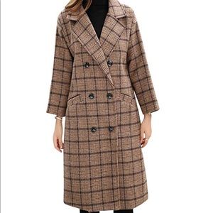 Double Breasted Plaid Wool Long Peacoat